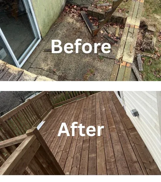 Before and after photos of a deck repair and resurfacing project in Eugene